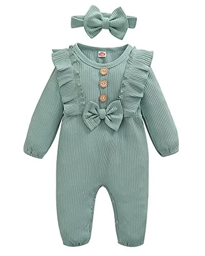 Mioglrie Baby Girl Clothes Cute Baby Girl Romper Cotton Infant Girl Clothes Ruffle Baby Clothes Girl Green 6-12 Month Baby Girl Clothes