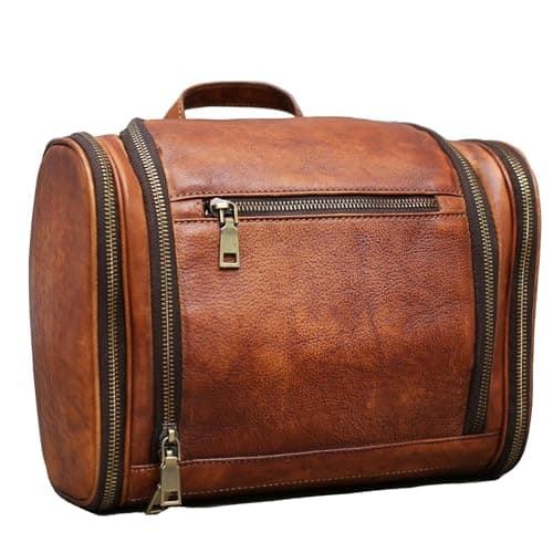 RC ROCKCOW Toiletry Bag For Men Genuine Leather Toiletries Organizer Large Travel Hanging Toiletry Bag Waterresistant Bathroom Shaving Kit for Cosmetics Makeup Case Travel Dopp Kit