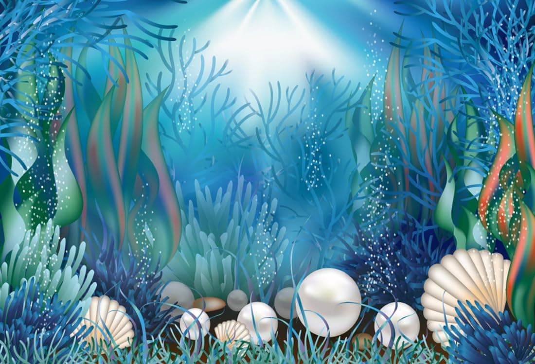 AOFOTO 7x5ft Fairytale Undersea Pearl Shell Backdrop Deep Sea Plants Coral Pearl Mussels Underwater Mermaid's Shelter Background for Photography Happy Birthday Party Banner Baby Shower Photo Booth
