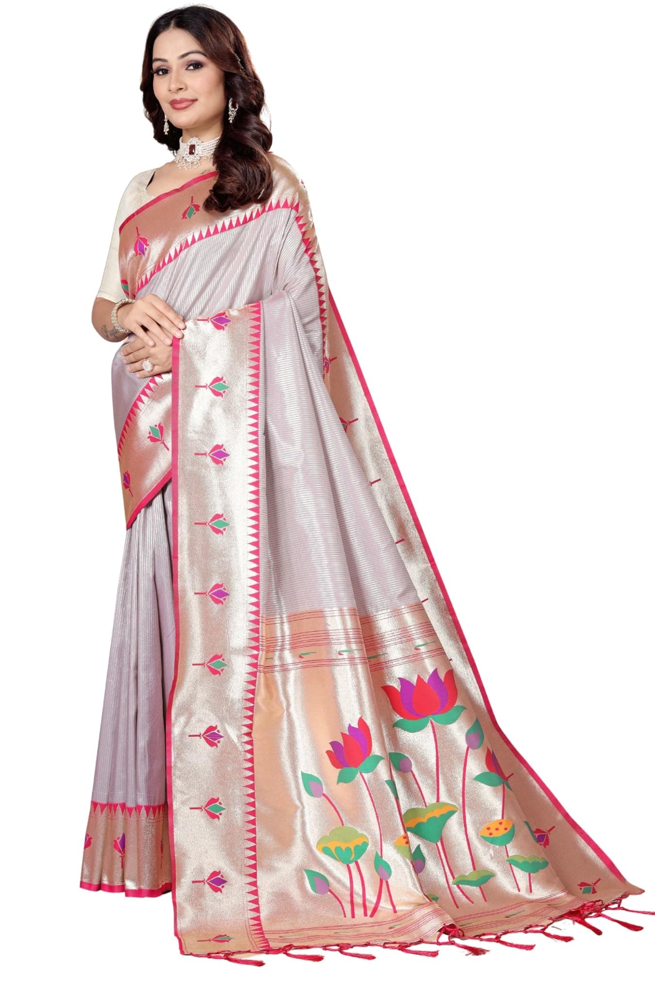 SGF11 Women's Tissue Paithani Pure Soft Silk Saree With Unstitched Blouse Piece (Off White)