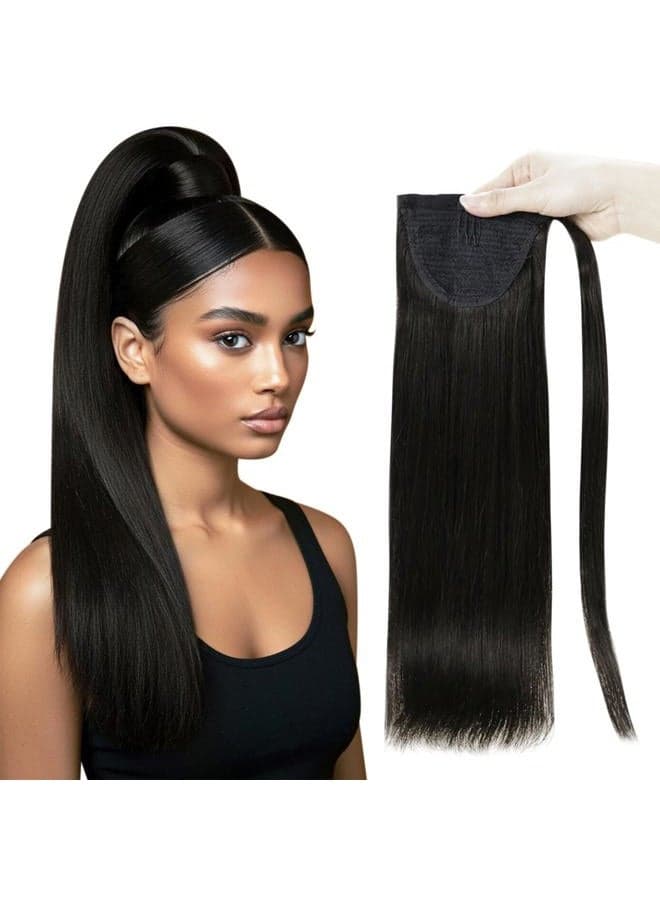 Hair Clip Ponytail Extension Natural Hair Off Black Human Hair Ponytail Hair Extensions for Women Wrap Around Real Human Hair Long Straight 80Grams 22Inch