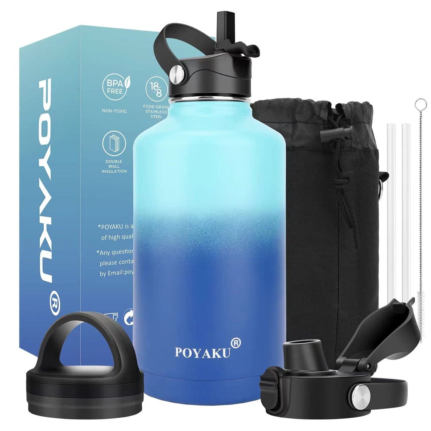 Water Bottle Insulated 64 oz- Straw lid and Auto Spout lid, Leak Proof, Vacuum Insulated, Large Metal Stainless Steel Water Jug Half Gallon Wide Mouth for Sports, Gym, Keep Cold 24H Hot 12H