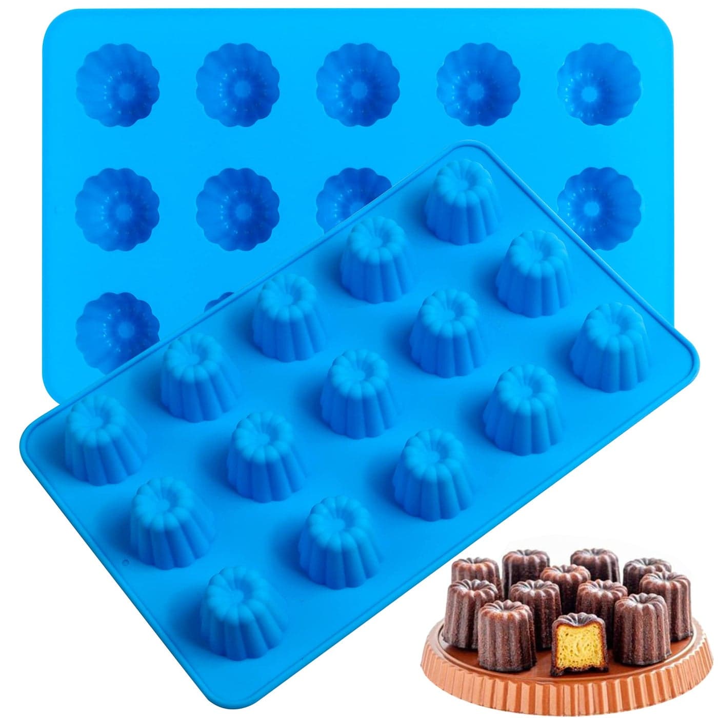Sidosir 2Pcs Canele Mold Silicone 15Cavity Mini Nonstick Canele Silicone Baking Cake Pan for Bread Muffin 15Cavity