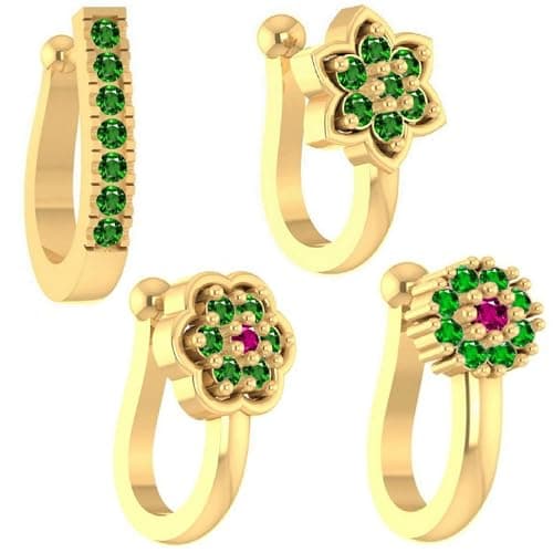 VAMA FASHIONS Emerald Stone Clip on Pressing Without Piercing Nosepin Type Combo Nose ring Stud for Women - 4 Pcs