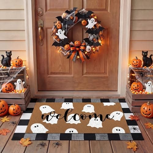 Tinideya 2 Pcs Door Mat Welcome Non Slip Coir Mats Floor Layering Doormats Seasonal for Front Porch Entryway DecorPlaid Ghost