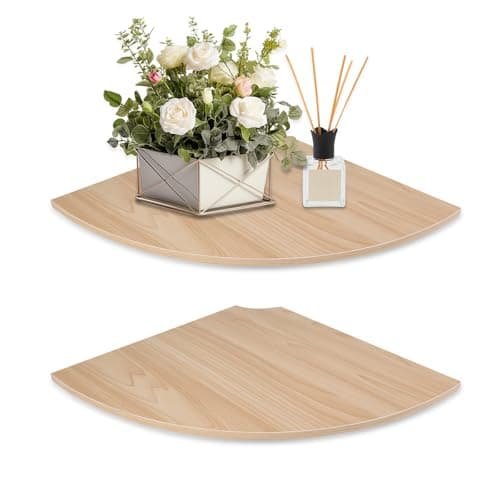 JJL Corner Wall Shelf, 12-Inch Sector Shelf, Set of 2 Wooden Hanging Shelves With Wire Hole for Bedroom Decoration, Light White