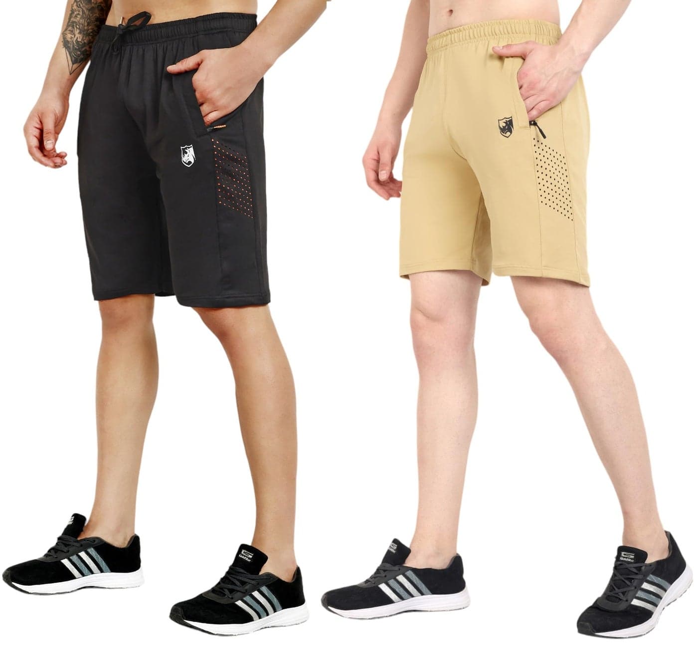 RynoGear Stylish Shorts for Men with Zipper Pocket for Sports and Daily Home Wear (Pack of 2) (XL, Black & Light Khaki)