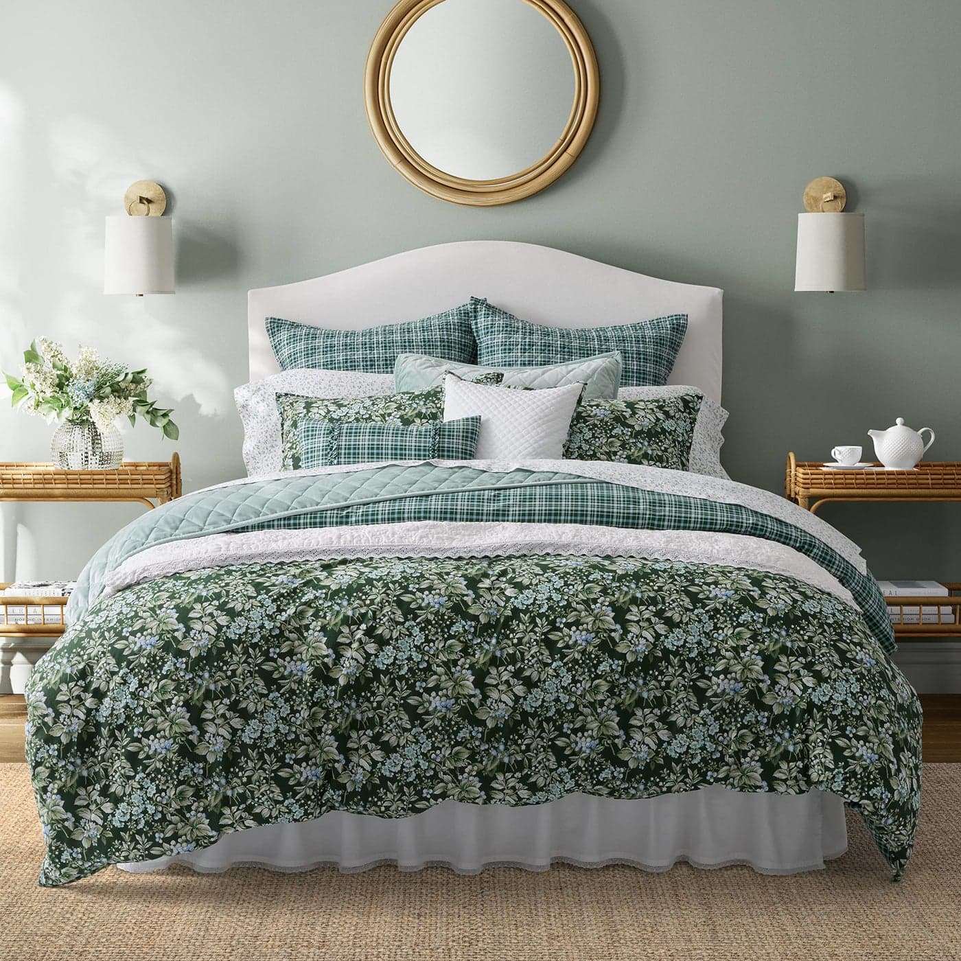 Laura Ashley Queen Duvet Cover Set Reversible Cotton Bedding Set Includes Matching Shams with Bonus Euro Shams Throw Pillow Covers Bramble Floral Green Queen