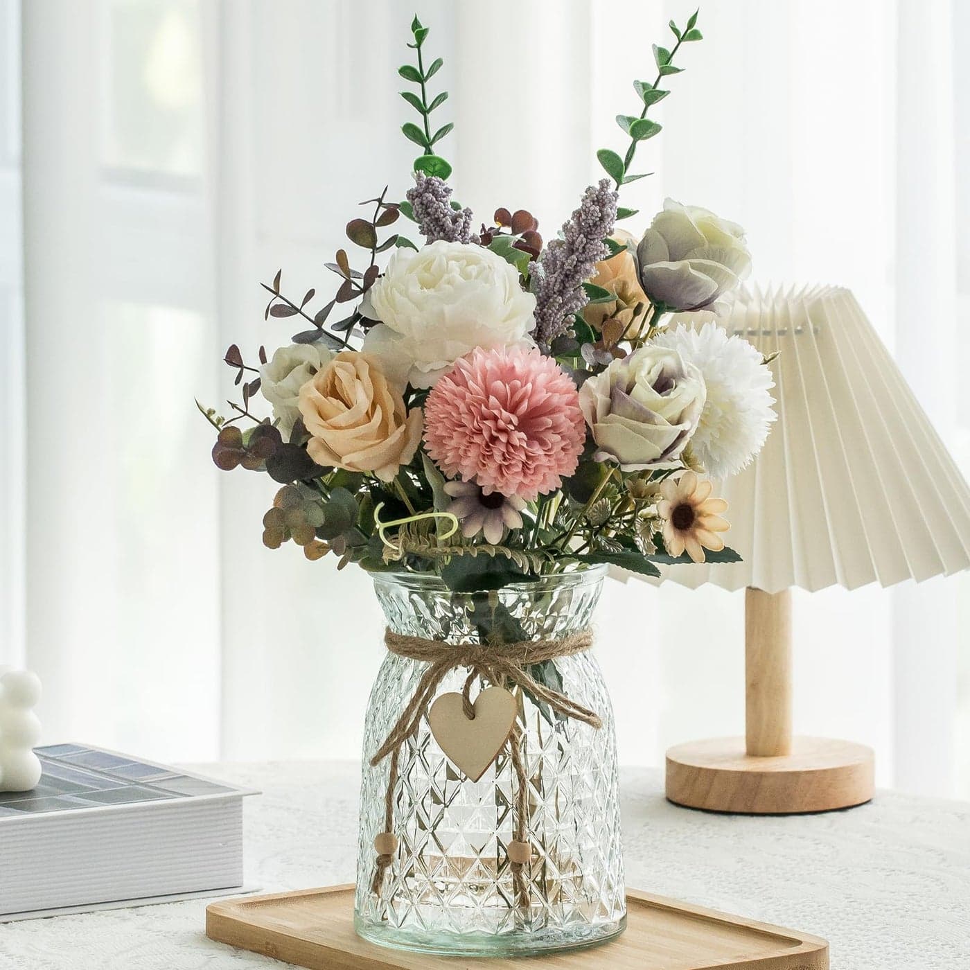 Aubcee Fake Flowers with Vase Faux Peony Silk Flowers for Home Decor Coffee Table Living Room Bathroom Plant Decor Centerpiece Table Decorations