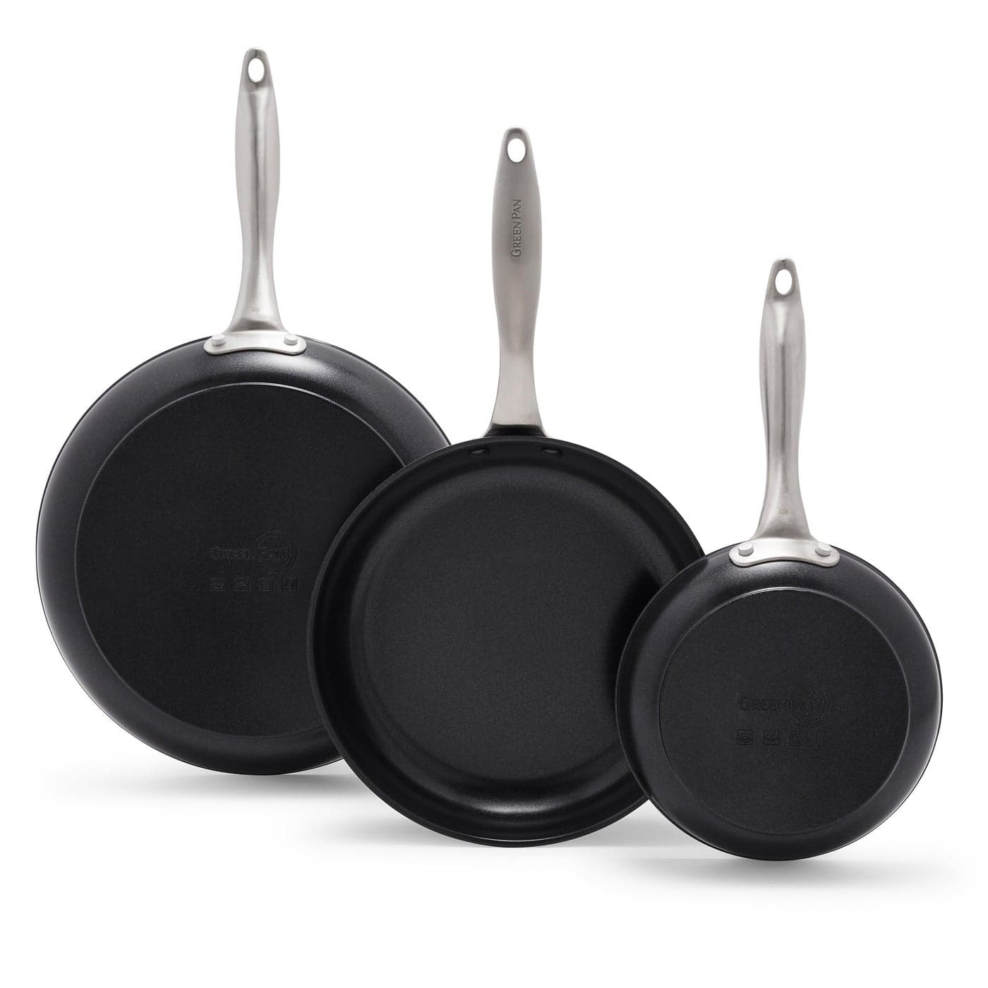 GreenPan Black 3 Piece Frying Pan Skillet Set 8 10 and 12 Healthy Ceramic Nonstick PFOA and PFASFree Hard Anodized Stainless Steel Handles Oven Safe