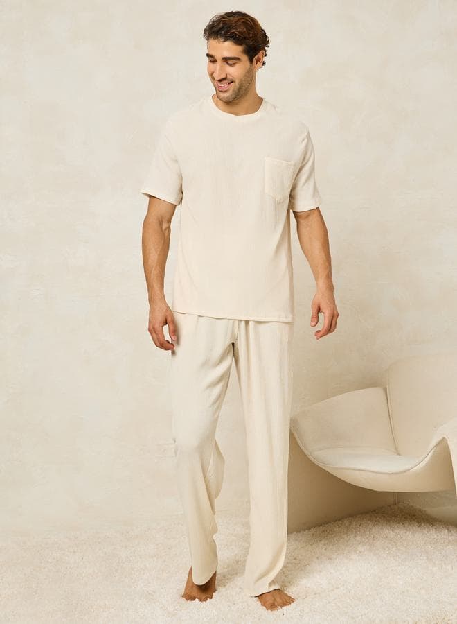 Textured Crew Neck T-Shirt And Straight Pyjama Set