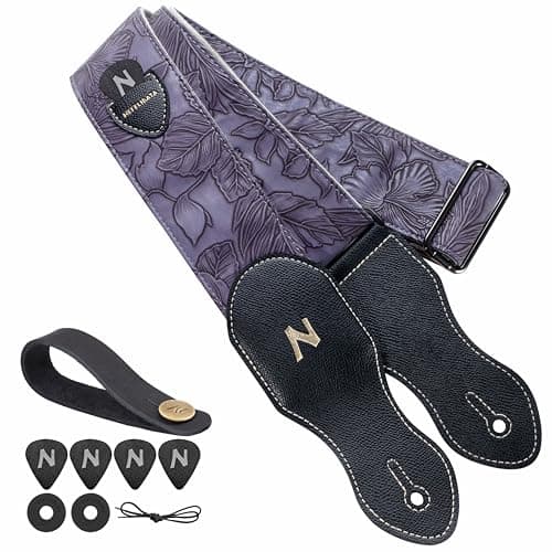 Nefelibata Guitar Strap with Pick Pocket,2.3 inch Porter Style Vegan Leather Carving Guitar Straps,60s Vintage Style (Purple)