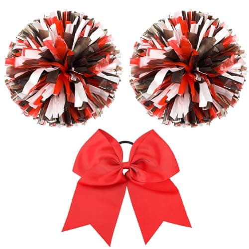 Hanaive 3 Pcs Cheerleading Pom Poms and Large Cheerleader Hair Bow Metallic Cheer supplies for Team Spirit Sports Dance Cheering(Red Black White,Matte)