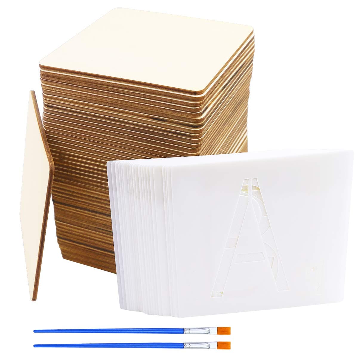 SKPPC 50 Unfinished Blank Wood Pieces 4 Inch With 26 Letters Stencils for Wall Decor Home Decoration DIY Craft Projects