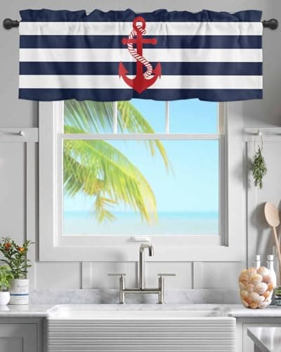 Chucoco Nautical Valance Curtain for Window, Red Anchor Rod Pocket Kitchen Valances Navy Blue White Stripe Short Curtain Panel Windows Treatment Drapes for Bathroom/Bedroom/Living Room