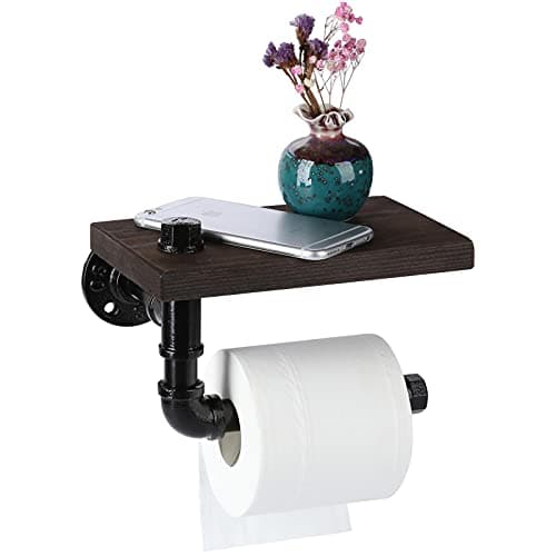Luuuuucky Toilet Paper Holder with Shelf, Industrial Wall Mounted Tissue Roll Hanger with Rustic Wooden Shelf for Bathroom, Washroom (Black)