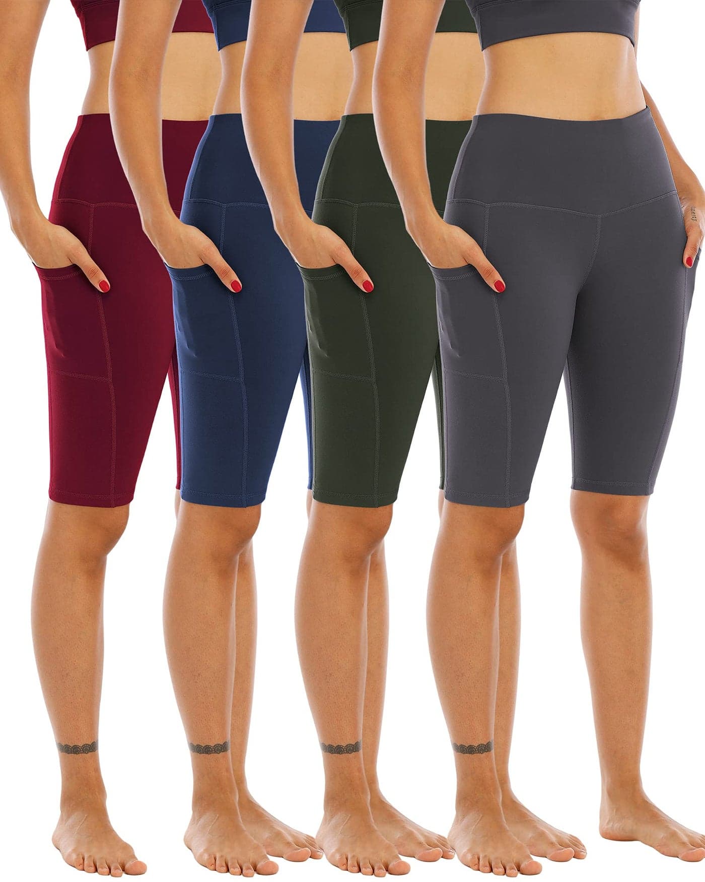 WHOUARE 4 Pack Biker Yoga Shorts with Pockets for WomenHigh Waisted Athletic Running Workout Gym Shorts Tummy ControlArmy GreenNavyDark GrayBurgundyM