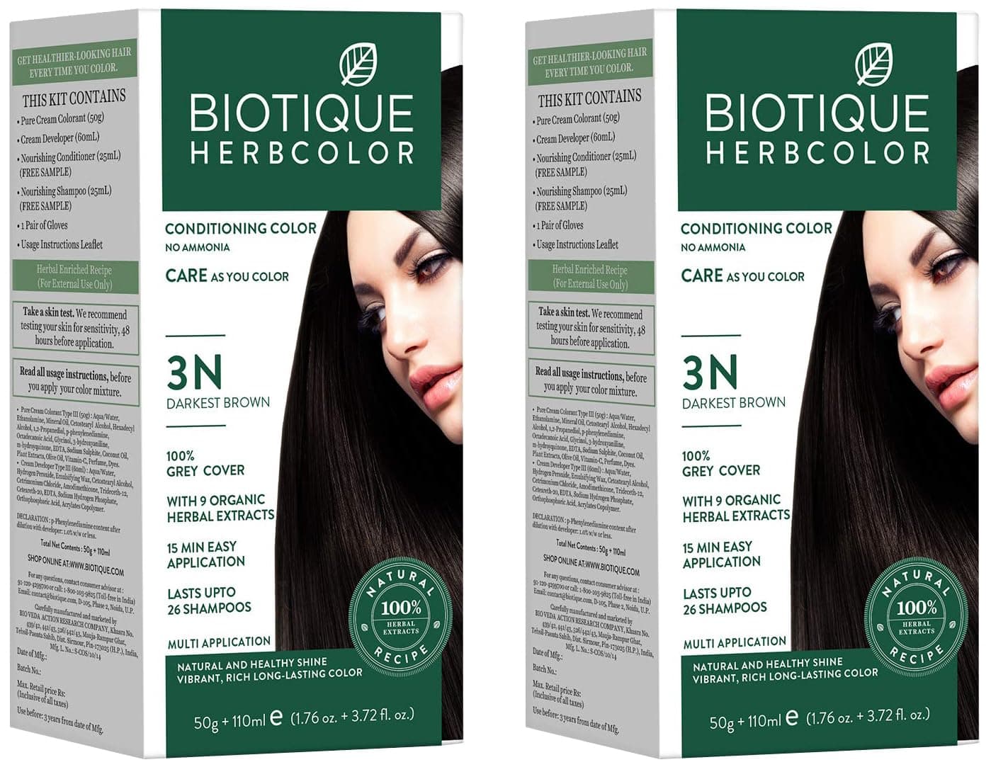 Biotique Herbcolor Conditioning Hair Colour l Ammonia Free Hair Color l 9 Organic Herbal Extracts l Natural and Healthy Shine l 50g 110ml Darkest Brown 3N Pack of 2