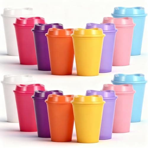 Alohastarttg Plastic Reusable Coffee Cups with Lids, 12oz Travel Tumbler, Hot & Cold, Microwave Safe, for Toddlers and On the Go, 16 Pack (16, Multicolor)