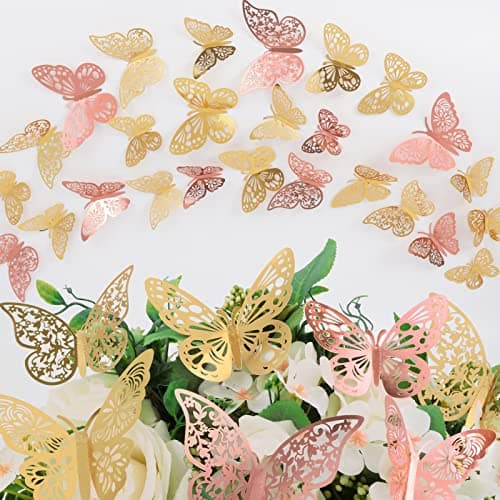 Nelotaor 144 Pcs Butterfly Wall Decor, 3 Styles 3 Sizes 3D Butterfly, Wedding Decorations, Birthday Party Decorations, Girls Bedroom Decoration (144 Pcs, Gold and Rose Gold)