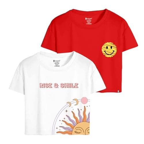 KYDA KIDS® 100% Cotton Crop top for Girls - Printed Half Sleeve Stylish Tshirt, Regular Fit Tops for Girl - Pack of 2