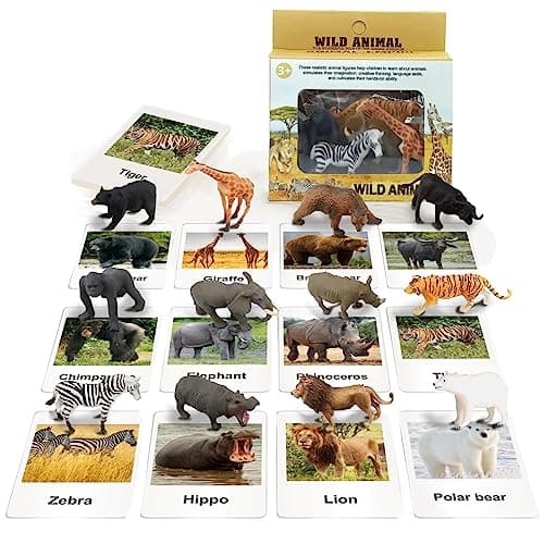 RUSON 12 Safari Animals Figures Toys with 12 Flash Cards Realistic Mini Jungle Animal Figurines Cake Topper Party Supplies Montessori Animal Matching Game for Toddler Kids