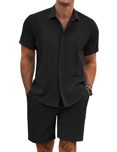 COOFANDY Mens Beach Set 2 Piece Linen Outfit for Men Short Sets, Black, 3X-Large