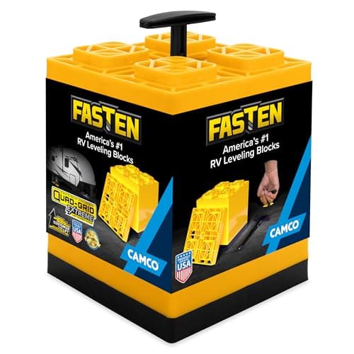 Camco Fasten RV Leveling Blocks Features Interlocking Design for Customizable Height Carrying Handle Twists to Secure Blocks for RV Storage 85 x 85 x 1 Yellow 10Pack 21022