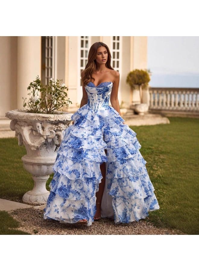 Strapless Backless Floral Print Tiered Maxi Dress, Elegant Vacation Style Ruffle Layered Long Evening Gown