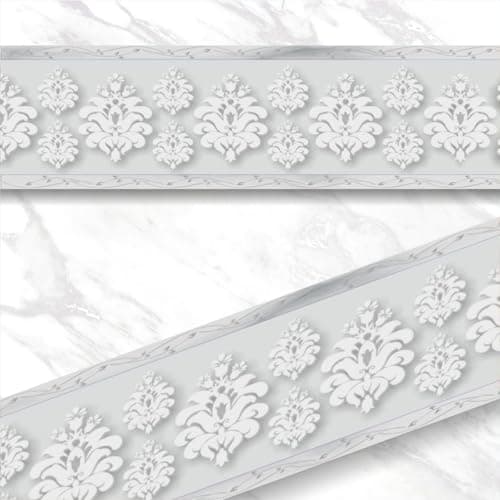 Decals Creation Wall Border Sticker Marble Stone Pattern Matt Finish Waterproof PVC for Kitchen Bathroom Indoor Grey Tile Flower Pattern- (120 X 4 Inch Roll)