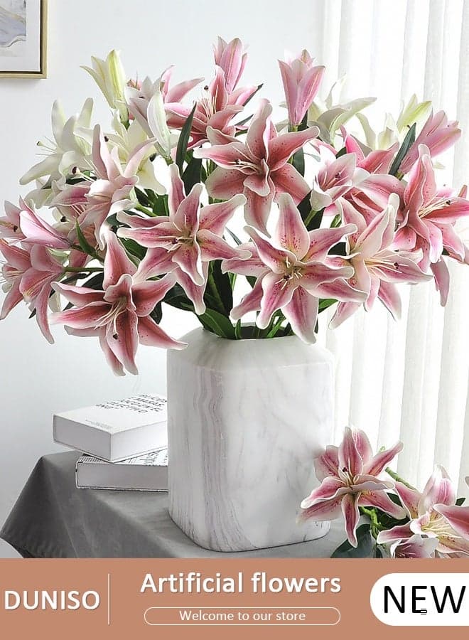 Artifical Lily Flowers, Long Stem Artificial Stargazer Lilies with 2Heads Full Bloom Lily & 1 Buds-Faux Tiger Bouquets for Home Hotel Flower Arrangement Party Decor