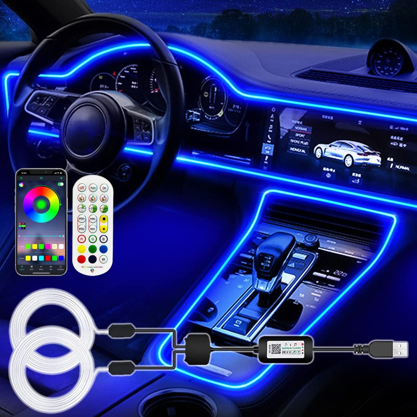 Jushope Interior Car LED Strip Lights RGB USB Ambient Lighting with Fiber Optic EL Wire Car Accessories 2 in 1