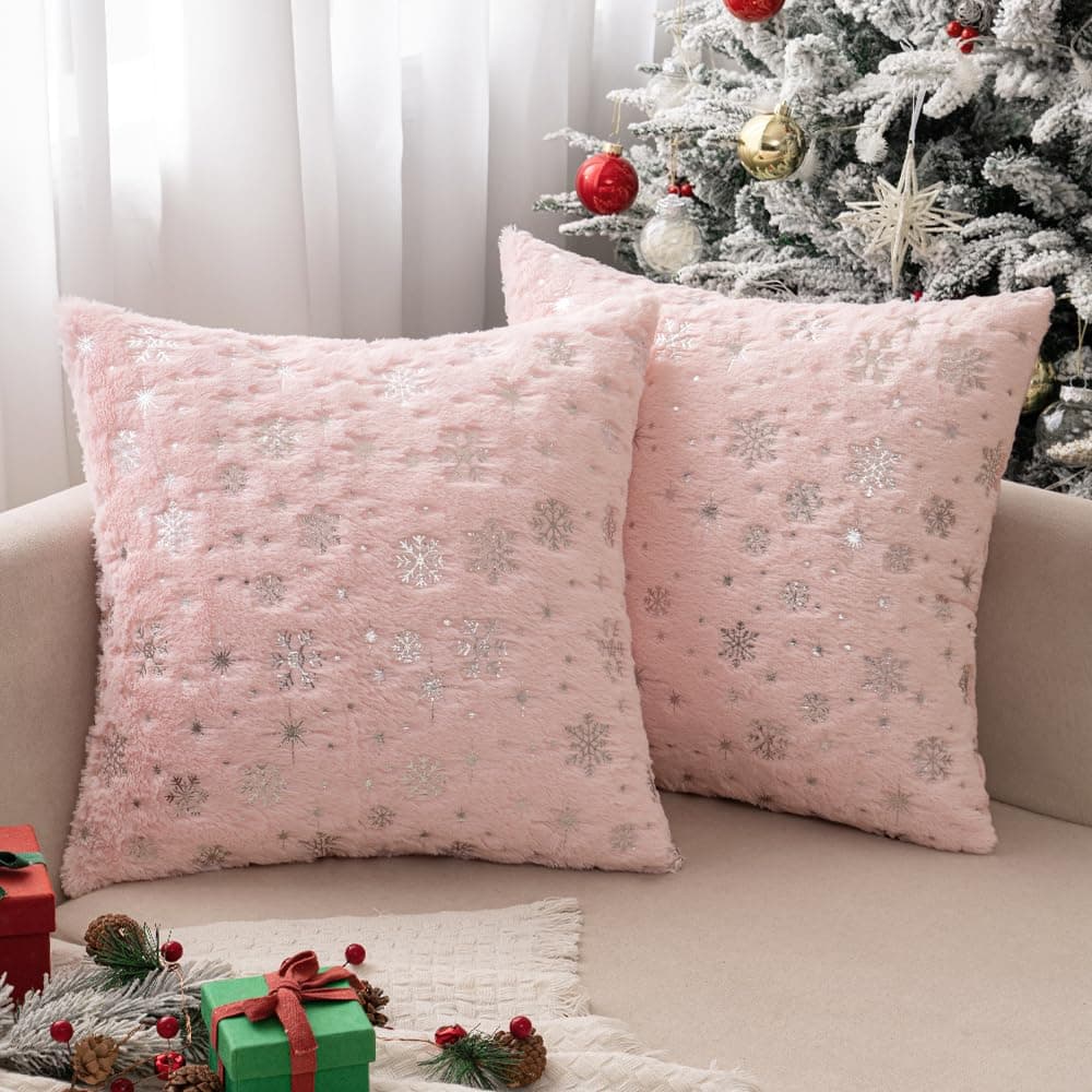 MIULEE Set of 2 Christmas Decorative Throw Pillow Covers Valentine Soft Faux Fur Winter Pillow Covers with Silver Snowflake Holiday Festival Pillowcases for Couch Sofa Bed 1818 Inch Light Pink