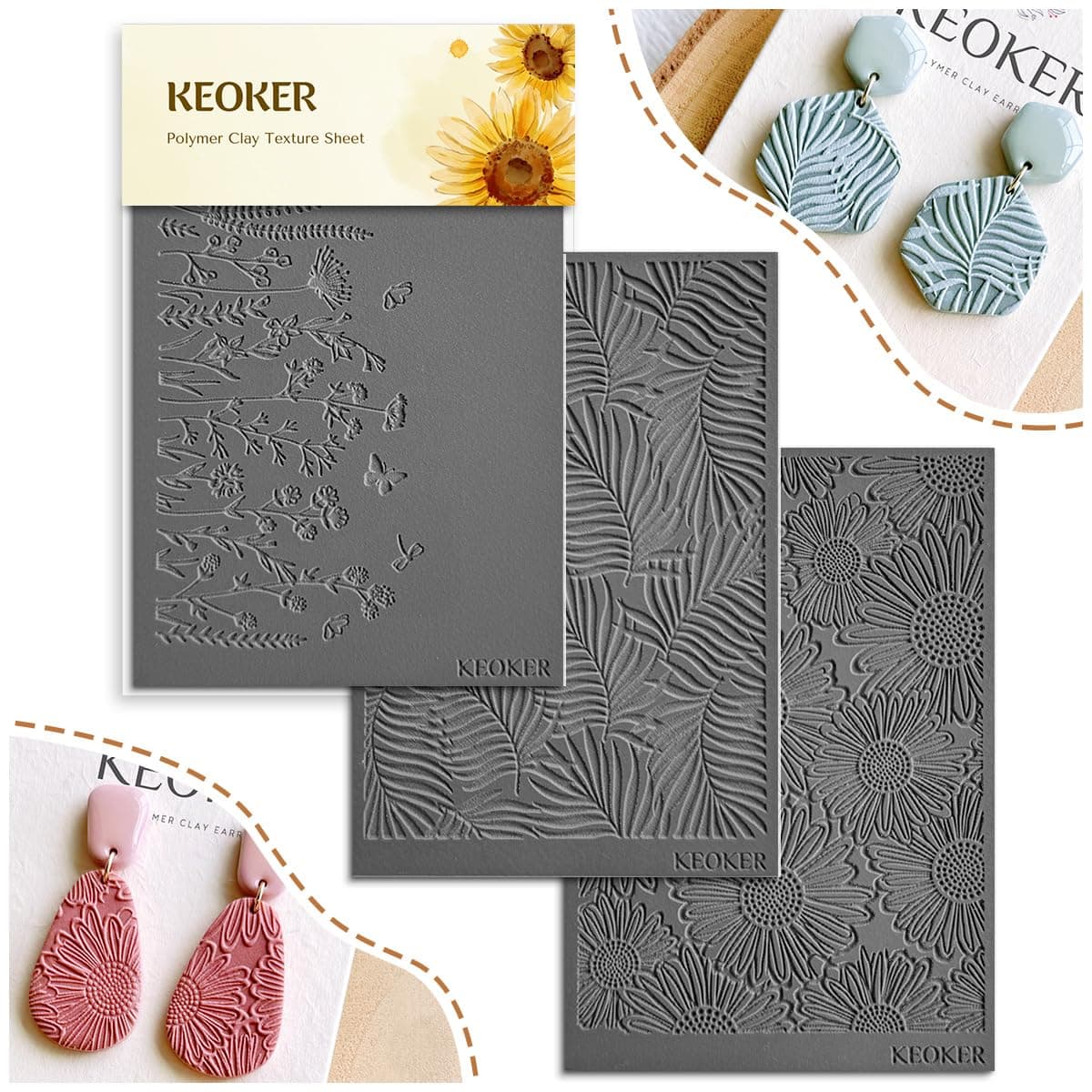 KEOKER Polymer Clay Texture Sheets Clay Texture Mat for Making Earrings Jewerly Polymer Clay Earrings Tools ABC
