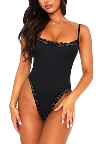 Navneet Women Sexy Lace Bodysuit Lace Trim High Cut Thong Spaghetti Strap Cami Bodysuit Going Out Tank Tops Body Suit Black S