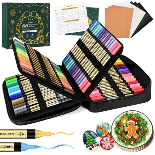 IVSUN Metallic Marker Pens 30 Metallic 30 Regular Colors Dual Tip Acrylic Paint Pens for Black Paper Photo Album Rock Painting Wood Card Making DIY Crafts Scrapbook Supplies