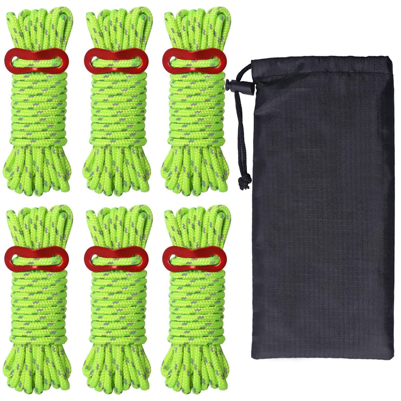 Hikeman 6 Pack 4mm Outdoor Guy Lines Tent Cords Lightweight Camping Rope with Aluminum Guylines Adjuster Tensioner Pouch for Tent Tarp Canopy Shelter Camping Hiking Backpacking