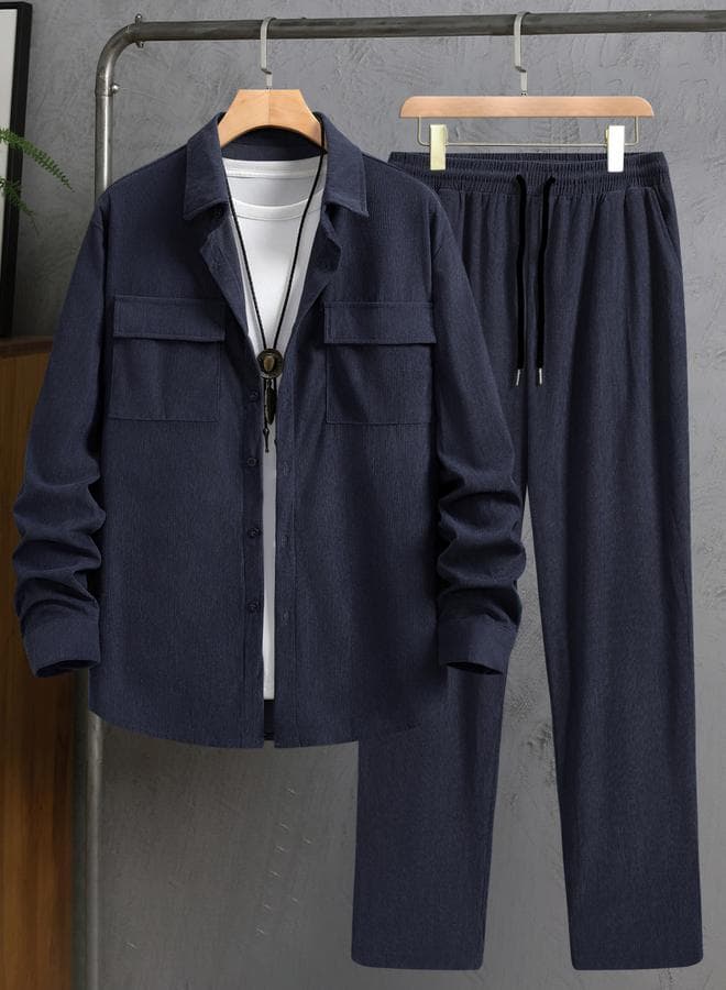 Take Two Men Navy Blue Corduroy Shirt and Pants Co-ords