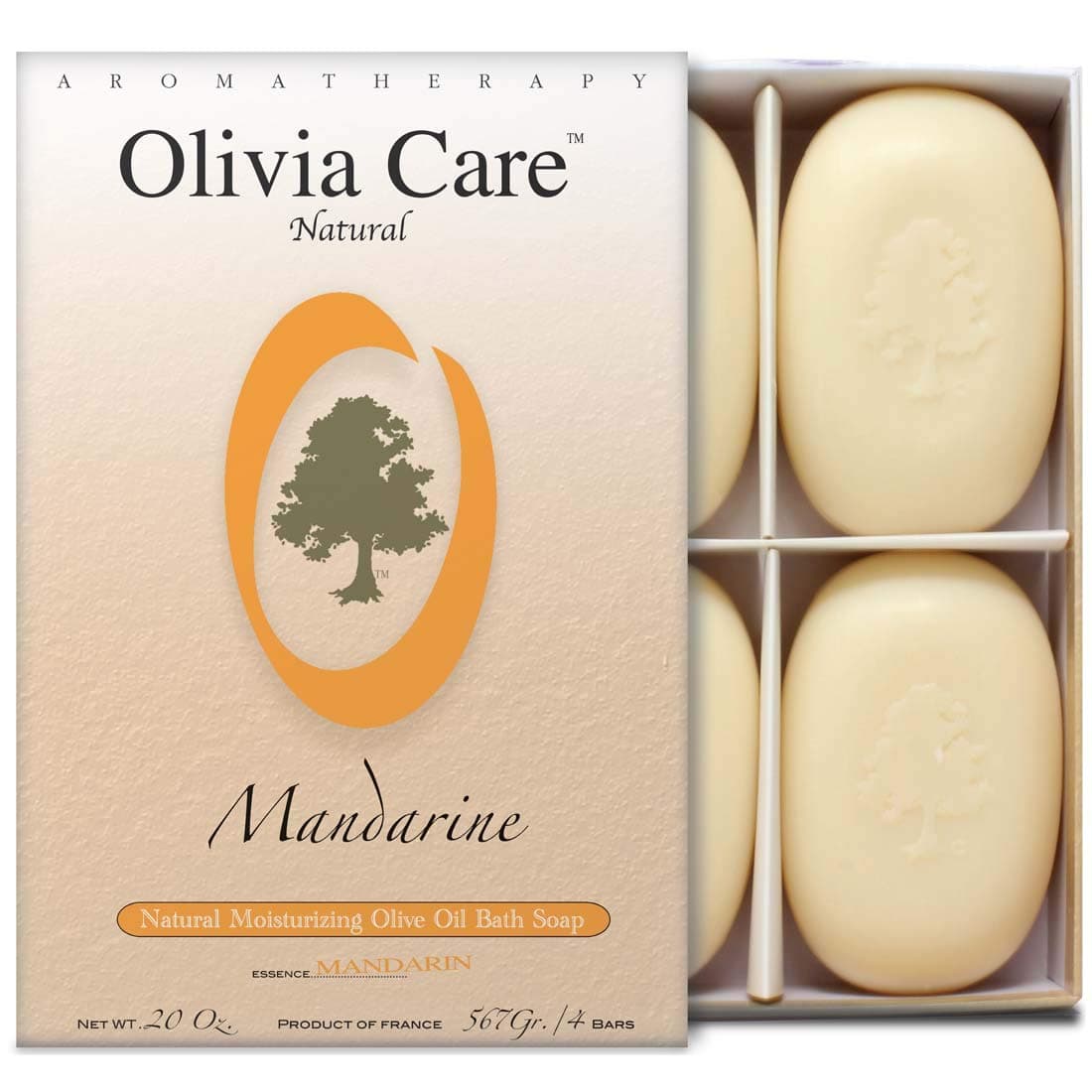 Olivia Care Bath Body Bar Mandarin Soap 4 Pack Gift Box Organic Vegan Natural Contains Olive Oil Repairs Hydrates Moisturizes Deep Cleans Good for Sensitive Dry Skin Made in USA