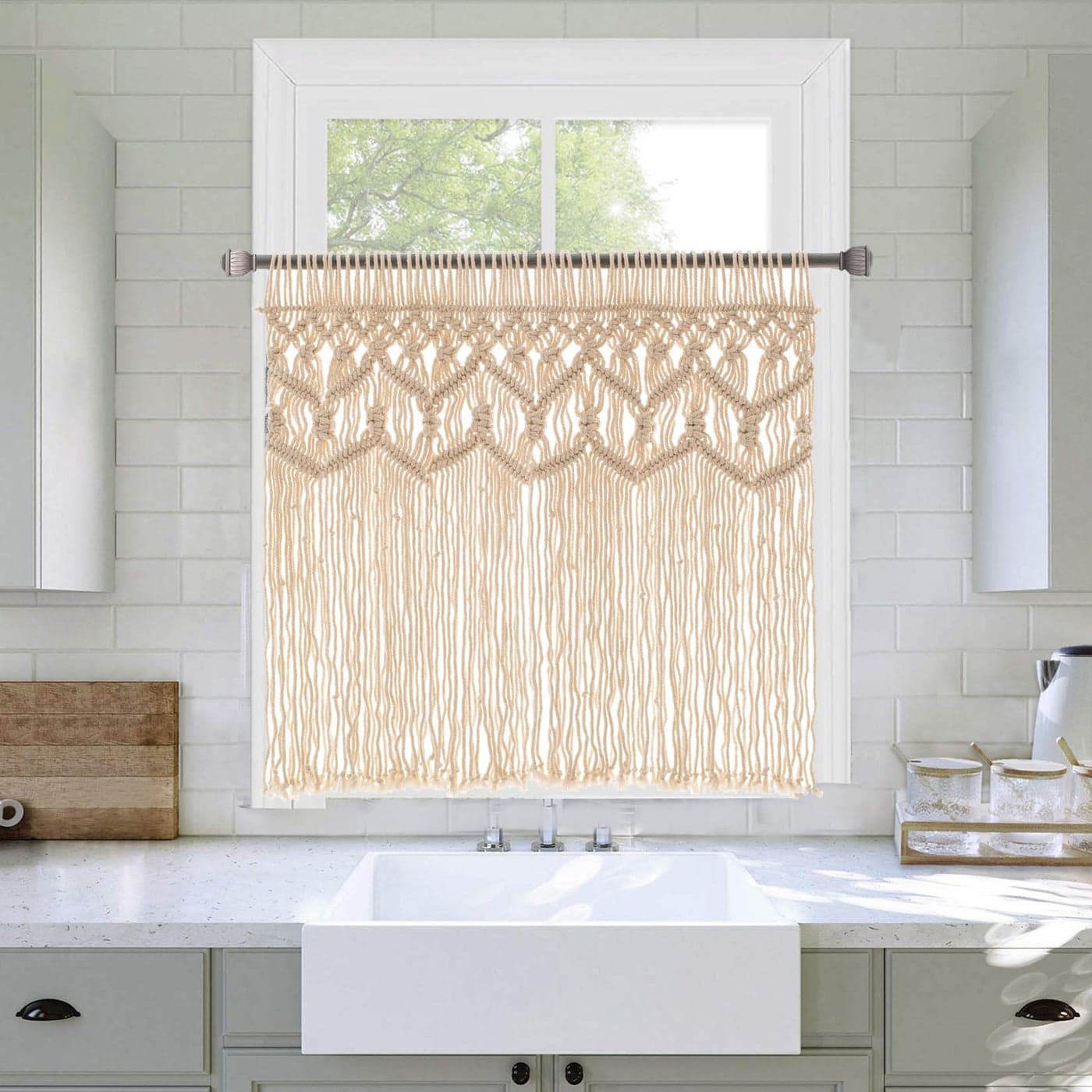 Hysunland Boho Macrame Textured Cotton Valance Kitchen Window Curtains Wall Decor Macrame Valance Bathroom Window Curtains 26 W x 27 L Neutral