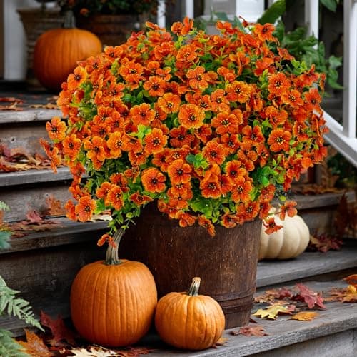 AXYLEX Artificial Fall Flowers Outdoor Fake Mums - 16 Bundles Fake Plants UV Resistant No Fade Faux Plastic Greenery Garden Porch Patio Fall Home Decor (Red Orange16)