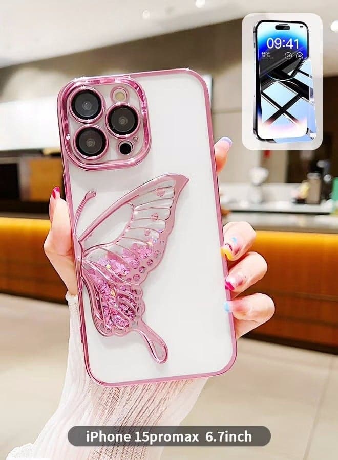 Designed for iPhone 15 Pro Max 6.7 Inches Case, Transparent erfly Quicksand Glitter Shell, Soft TPU Back with Soft Edge Slim Case Anti-Fingerprints Sanding Surface Shockproof Protective Cover