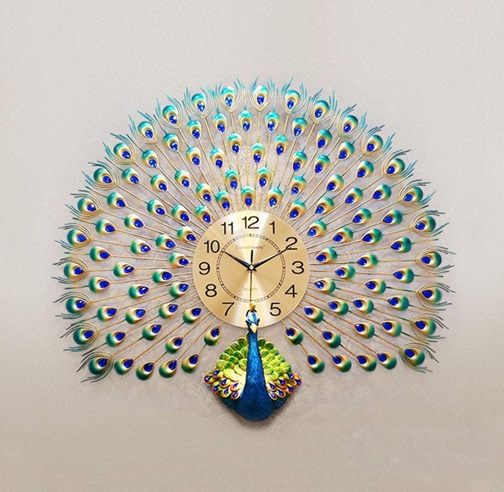 Shriyan Enterprise Wall Clock Home Decoration European Peacock Wall Clock Crystal Luxury Living Room Clock Creative Personality Art Decoration Wall Clock (Metal Blue Bird)