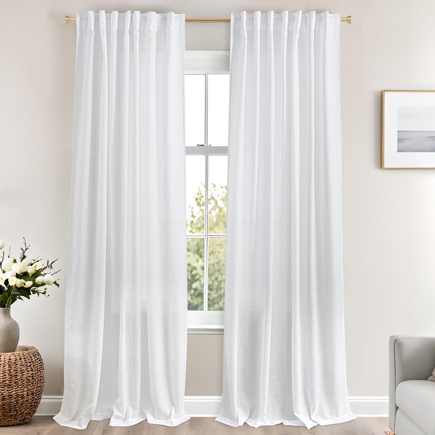 Pure White Curtains Panels 96 Inch Length for Back Tab Semi Sheer Linen Textured Drapes Rod Pocket 2 Panels Set 8 FT Boho Farmhouse Sheer Curtain for Sliding Glass Door BedroomLiving Room