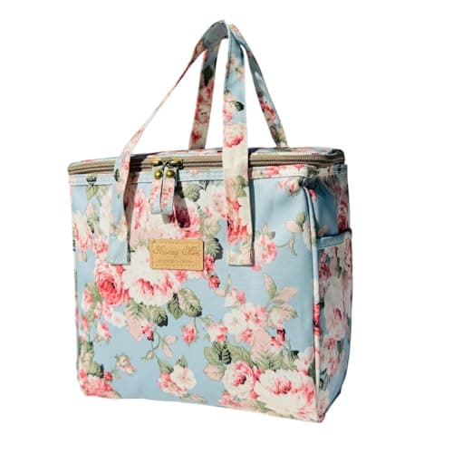 Kwang Min Floral Insulated Lunch Bag for Women,Reusable Lunch Box,Large Cooler for Office,Picnic Outdoors,Premium Waterproof Fabric,Unique Floral Lunch bag (Peony Blue)