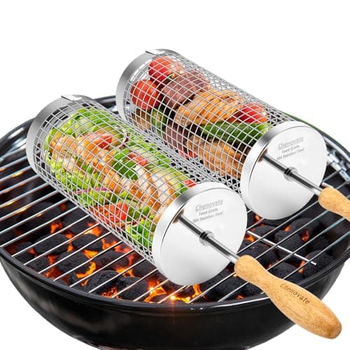 Chenovate Rolling Grill BasketsFathers Day Gifts for Dad HusbandRemovable Wooden Handle304 Stainless SteelGrilling Accessories for VeggiesSmoker BBQ ToolsGrilling Gifts for Men Birthday Anniversary 2 Pack