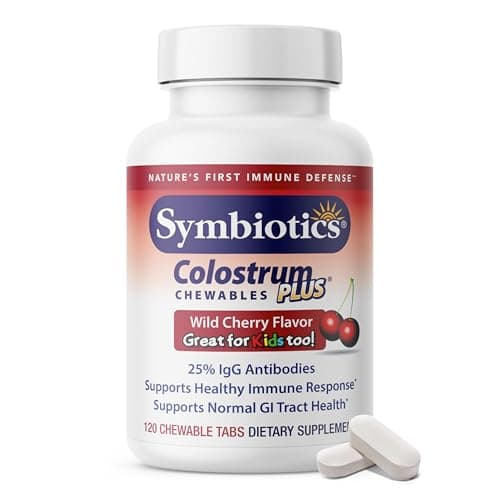 Symbiotics Colostrum 120ct Chewables Plus Immunity Support for Adult Kids Lactoferrin Supplement Colostrum Protein Supports Digestion Gut 25 lgG Antibodies Gluten Free Wild Cherry
