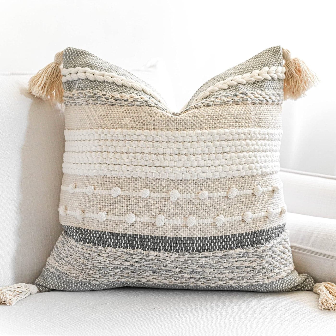 BlissBlush Gray Boho Throw Pillow Cover 20x20 Grey Decorative Accent Pillow for Couch Square Woven Textured Pillowcase Modern Farmhouse Pillow for Bed Bohemian Pillow Cover Pack of 1