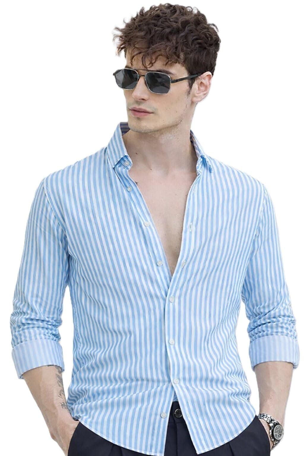 U TURN Men's Casual Printed Striped Stylish Latest Formal Shirt for Men Plus Size Shirt for Men (SkyBlue-White; Large)
