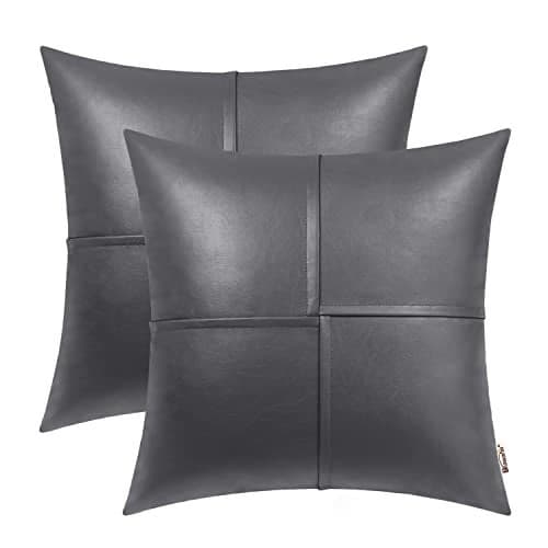 BRAWARM Faux Leather Throw Pillow Covers 22 X 22 Inches, Gray Leather Pillow Covers Pack of 2, Hand Stitched Leather Decorative Throw Pillows for Couch Sofa Bed Living Room Home Garden